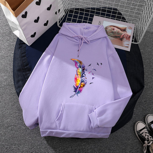 Damen nan Kapuzenpullover mit künstlerischem Aquarell‑Federmotiv, Oversize‑Schnitt und Kängurutasche Shop Nory