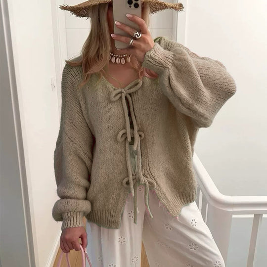 Damen Grobgestrickter Offener Cardigan mit Bindebändern, Oversize‑Silhouette und Raglanärmeln Shop Nory