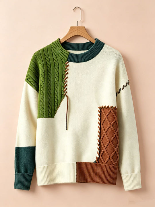 Damen Oversize Strickpullover im Patchwork‑Design mit Zopfmuster‑Einsätzen Shop Nory