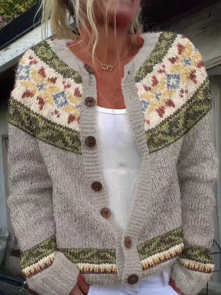 Damen nan gemusterte Strickjacke mit Rundpasse, Holzknöpfen und Eingrifftaschen Shop Nory