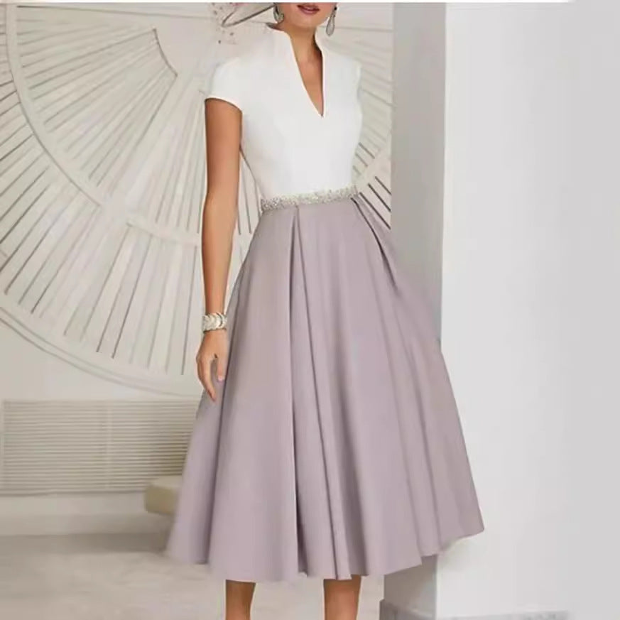 Weißes Farbblock V-Ausschnitt Ausgestellt Sommerkleid