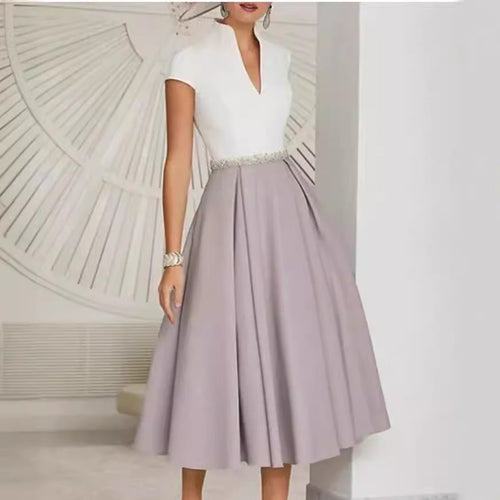 Weißes Farbblock V-Ausschnitt Ausgestellt Sommerkleid