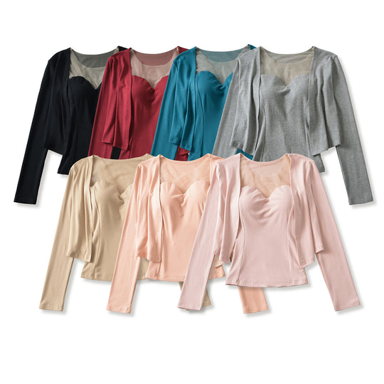 Damen Zweiteiliges Feinstrick-Top-Set mit Mesh-Einsatz und offenem Cardigan Shop Nory