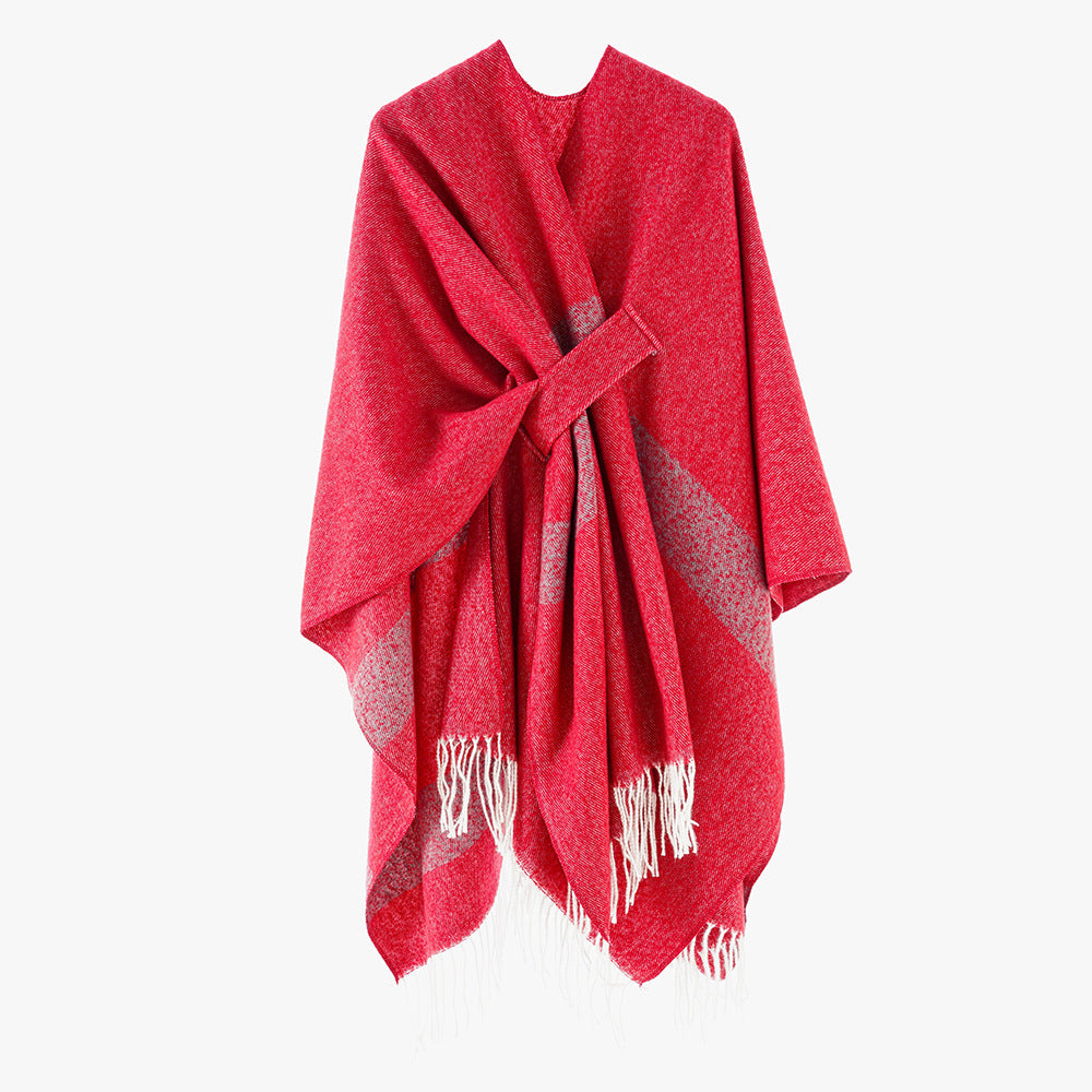 Damen Wollmix-Capeponcho mit Bindeschlaufen, weichgewebtem Oversize-Überwurf und Fransensaum Shop Nory