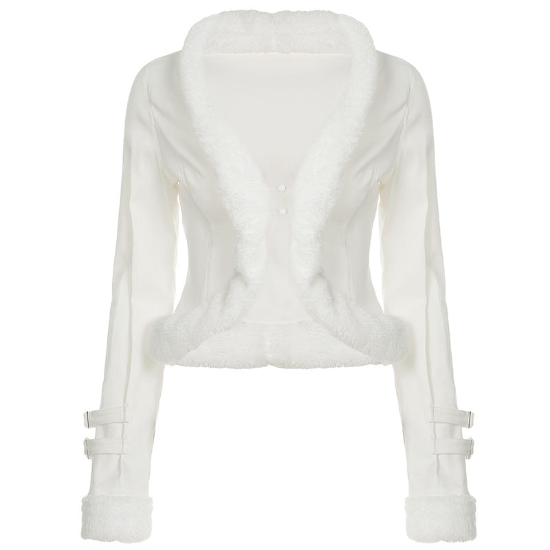 Damen nan kurz geschnittene taillierte Kunstfell-Bolerojacke mit V-Ausschnitt und Zierriemenärmeln Shop Nory