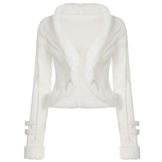 Damen nan kurz geschnittene taillierte Kunstfell-Bolerojacke mit V-Ausschnitt und Zierriemenärmeln Shop Nory