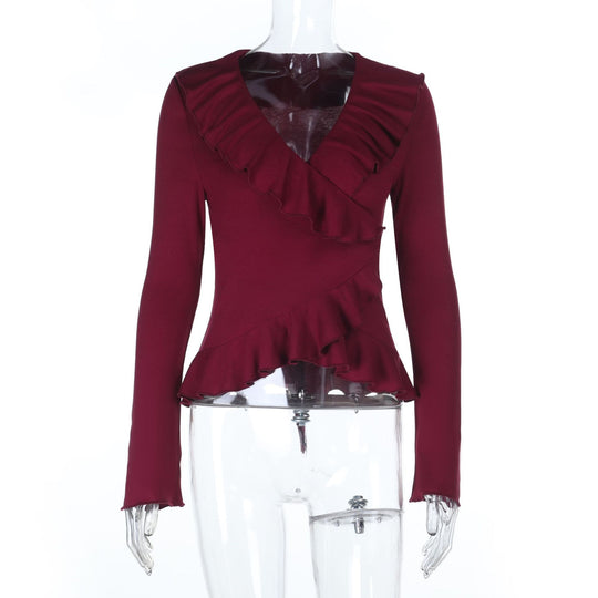 Damen Langarmshirt mit tiefem V-Ausschnitt, asymmetrischen Volants und tailliertem Peplum Shop Nory