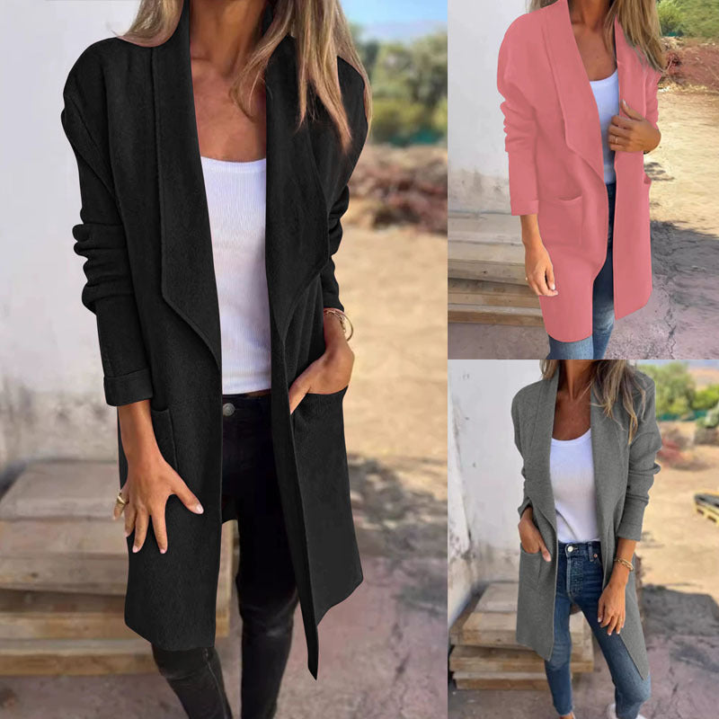Damen Longline Blazer mit Schalkragen, offenem Schnitt und aufgesetzten Taschen Shop Nory