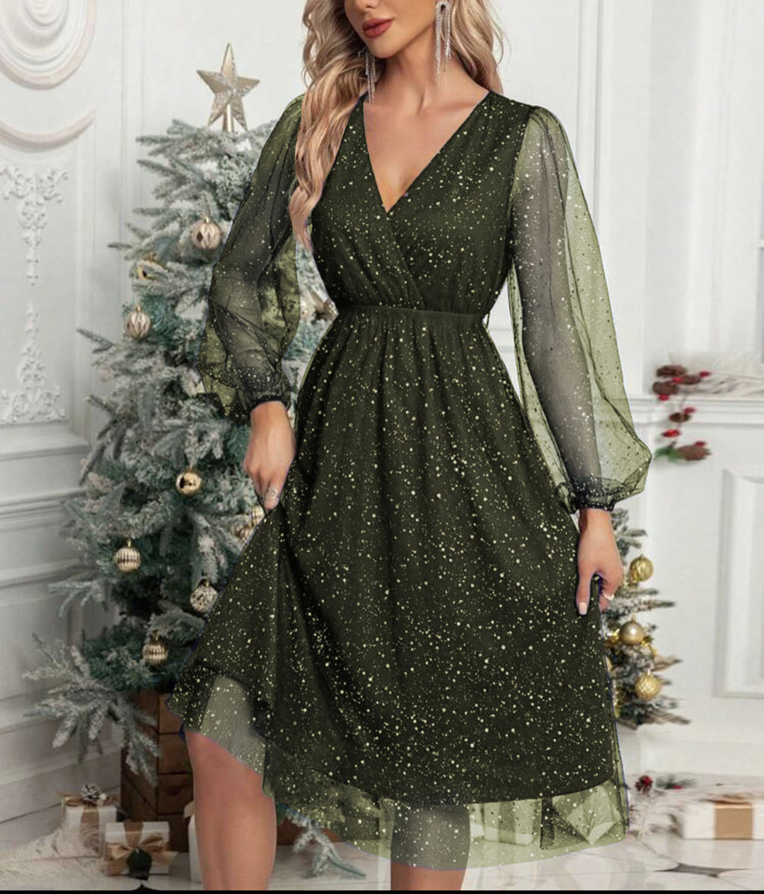 Damen Festliches Midikleid aus Glitzer‑Chiffon mit V‑Ausschnitt, tailliertem Gummibund und Ballonärmeln Shop Nory