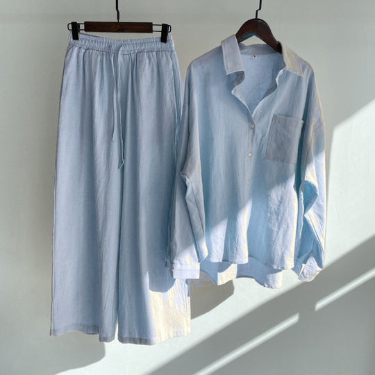 Damen Lockeres Zweiteiliges Viskose-Loungewear-Set mit Hemdbluse und weiter Palazzohose Shop Nory