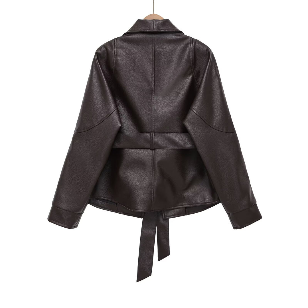 Damen Kurzjacke aus veganer Lederoptik mit Taillengürtel und Schalkragen Shop Nory