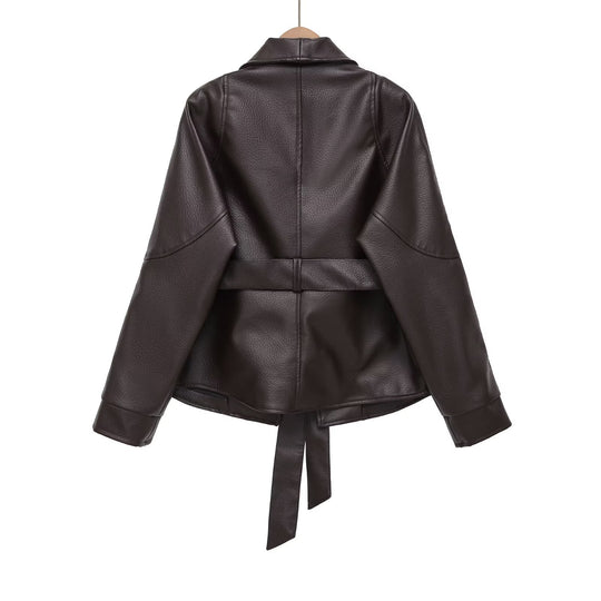 Damen Kurzjacke aus veganer Lederoptik mit Taillengürtel und Schalkragen Shop Nory