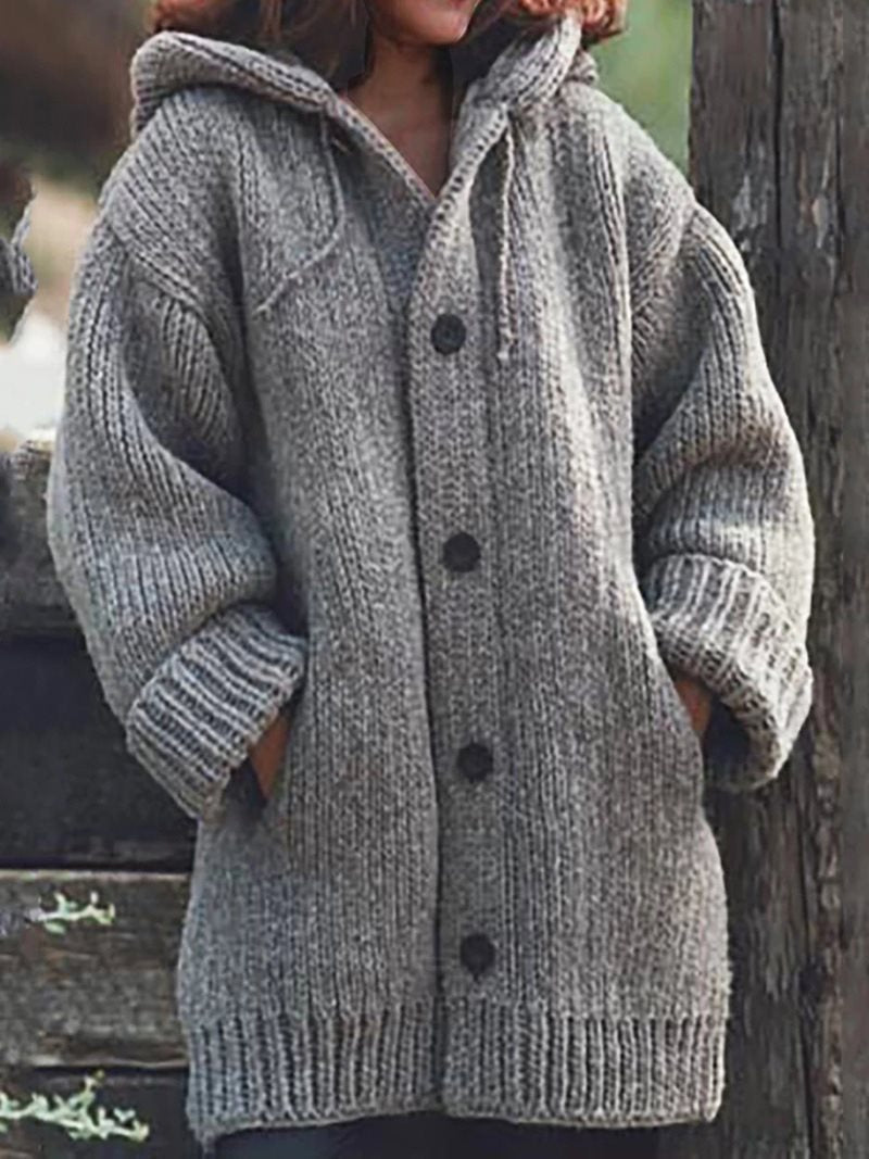 Damen weit geschnittener Kapuzen-Strickmantel mit Knopfleiste und Eingrifftaschen Shop Nory