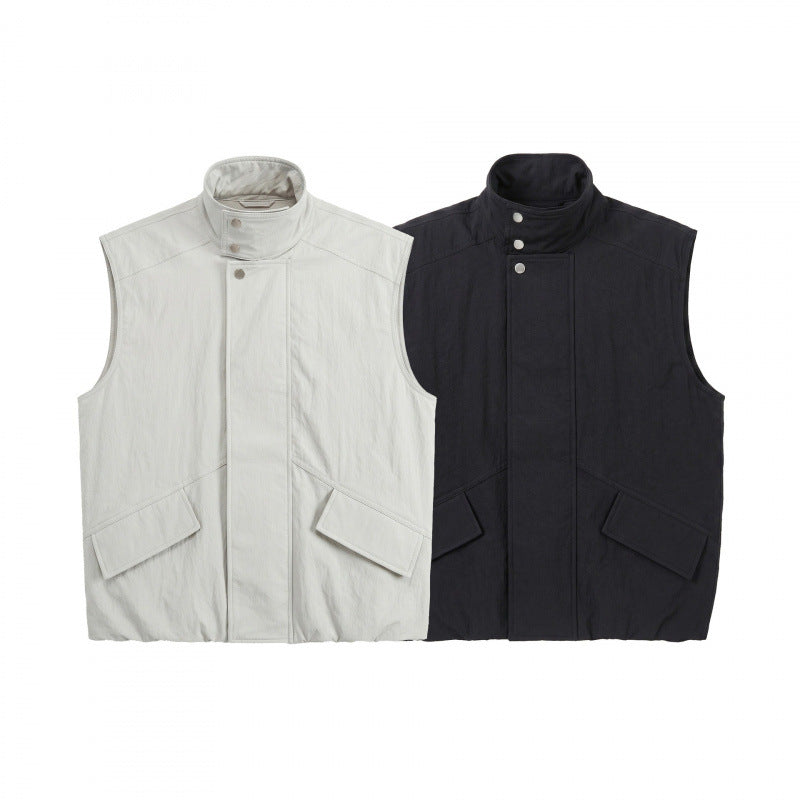 Unisex Kastenförmige wattierte Ärmellose Weste mit hohem Stehkragen, verdeckter Druckknopfleiste und Pattentaschen Shop Nory