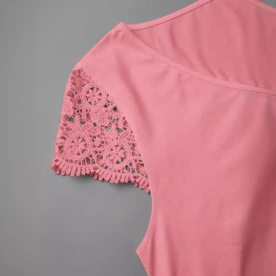 Damen V-Ausschnitt T-Shirt mit Spitzenärmeln
