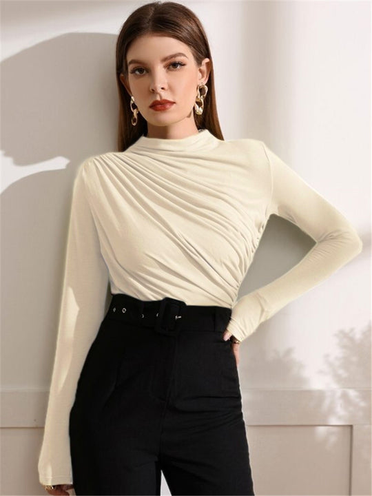 Damen Figurbetontes Langarmshirt mit seitlichem Drapieren und Stehkragen Shop Nory