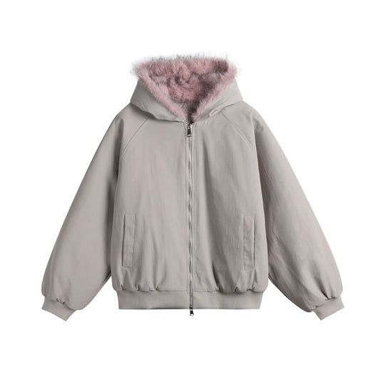 Damen Oversize-Bomberjacke mit kunstfellbesetzter Kapuze und Raglanärmeln Shop Nory