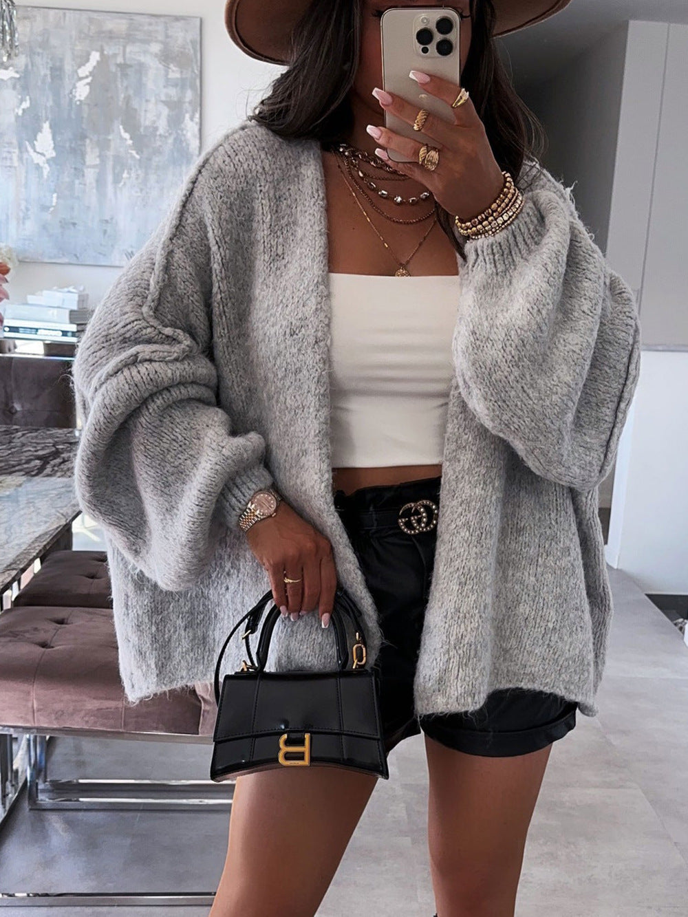 Damen oversized Strickjacke mit lässigen Ballonärmeln und strukturiertem Material