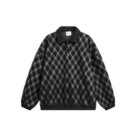 Damen Karierter Oversize‑Polo‑Pullover mit Halbknopfleiste und Rippbündchen Shop Nory