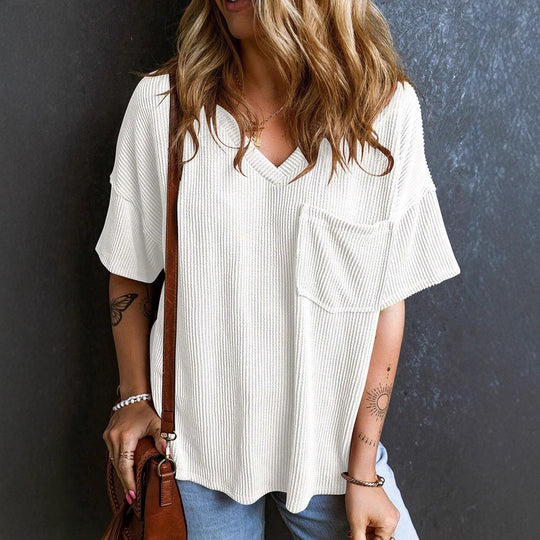 Damen Lässiges Rippstrick Oversize T-Shirt mit V-Ausschnitt und Brusttasche Shop Nory