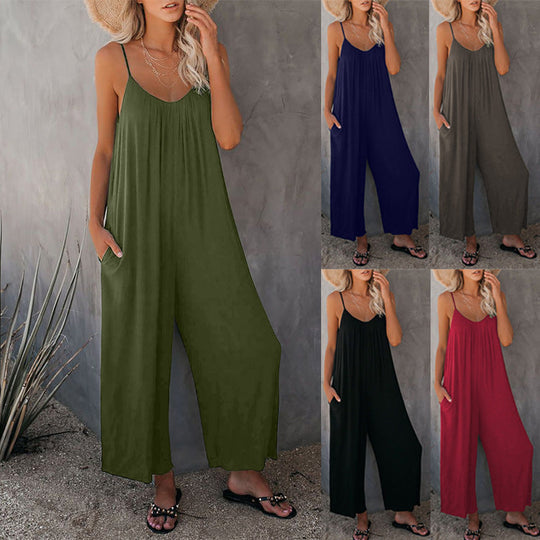 Damen Lässiger Sommer-Jumpsuit mit tiefem Ausschnitt und praktischen Taschen