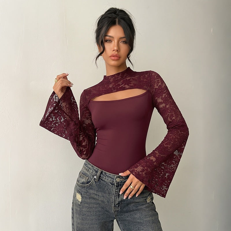 Damen Elegantes Spitzenoberteil mit Y-Ausschnitt und Volantärmeln Shop Nory