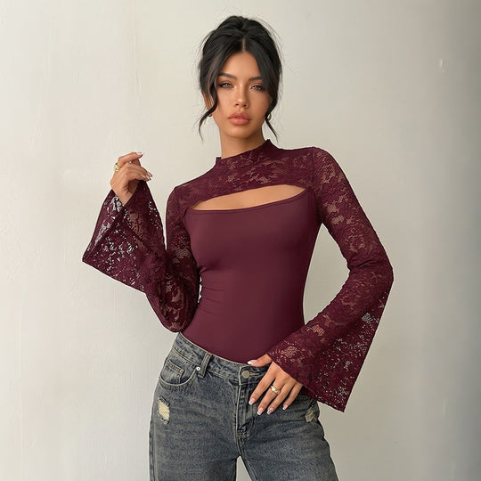 Damen Elegantes Spitzenoberteil mit Y-Ausschnitt und Volantärmeln Shop Nory