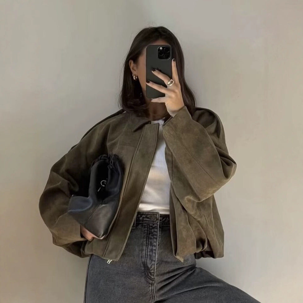 Damen Oversize Wildlederimitat-Kurzjacke Shop Nory