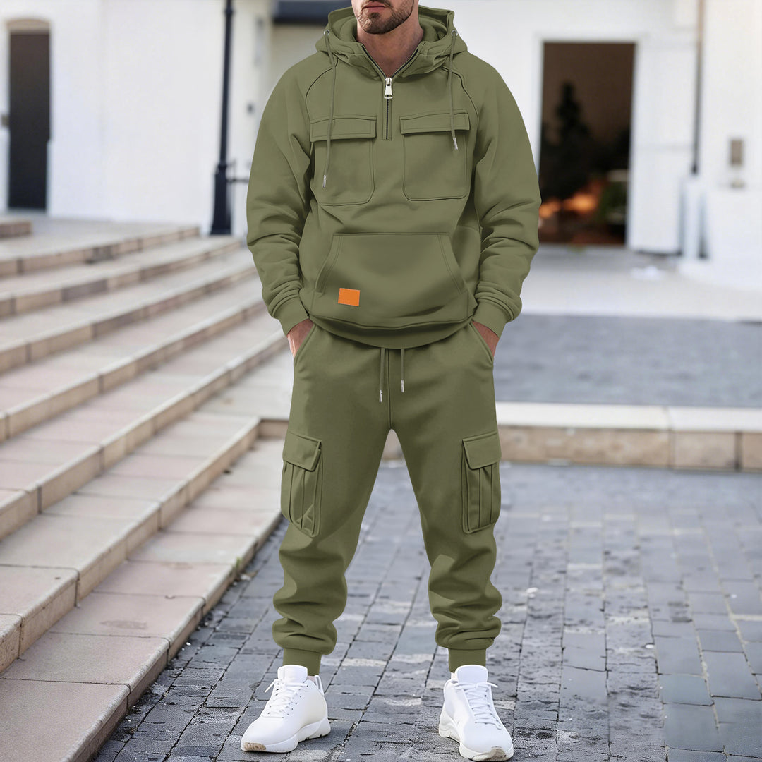Herren technischer Oversize-Hoodie mit Halbzip, Kapuze, Kängurutasche und aufgesetzten Utility-Taschen Shop Nory