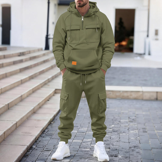 Herren technischer Oversize-Hoodie mit Halbzip, Kapuze, Kängurutasche und aufgesetzten Utility-Taschen Shop Nory
