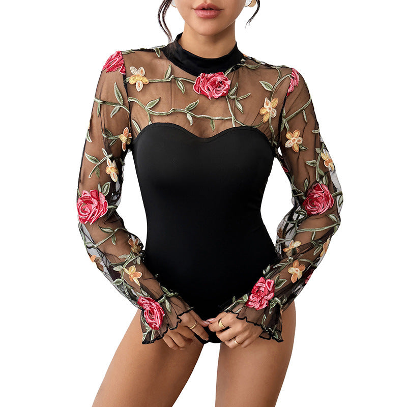 Damen Transparenter Mesh-Body mit floraler Stickerei, Herz-Bustier-Einsatz und Stehkragen Shop Nory