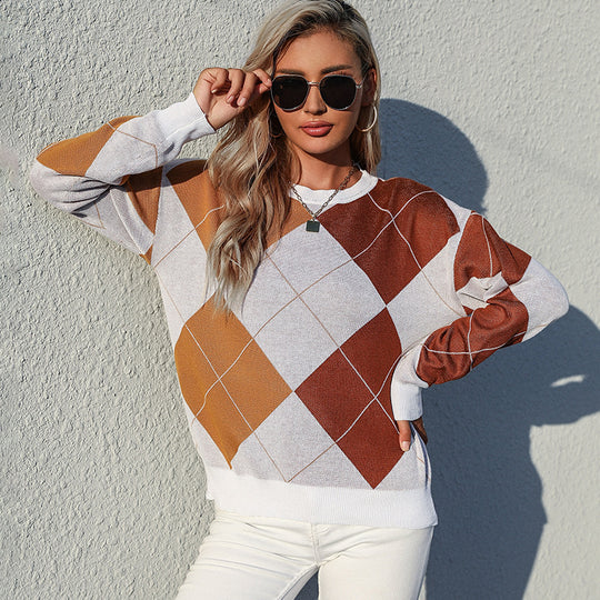 Damen Leichter Argyle-Feinstrickpullover mit Rundhalsausschnitt und lockerer Passform Shop Nory