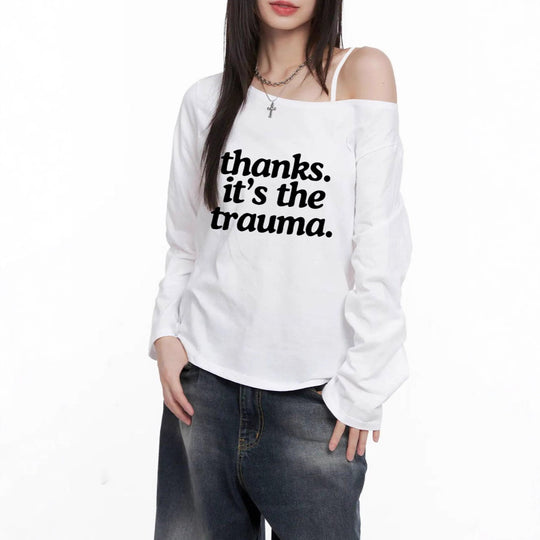Damen nan Off-Shoulder Langarm-Cropshirt mit Statement-Print, asymmetrischem Ausschnitt und lockerem Oversize-Schnitt Shop Nory