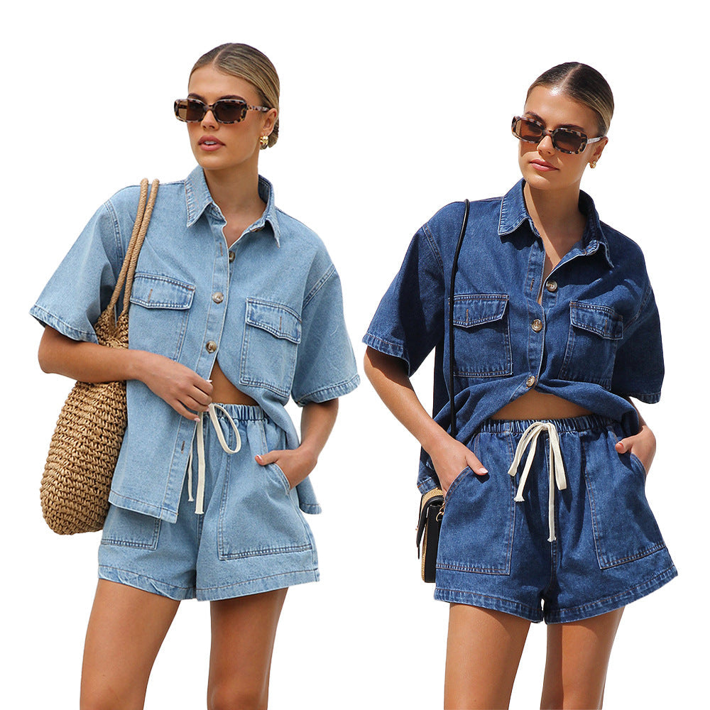 Damen lässige Kurzarm-Jeansbluse mit passender Shorts