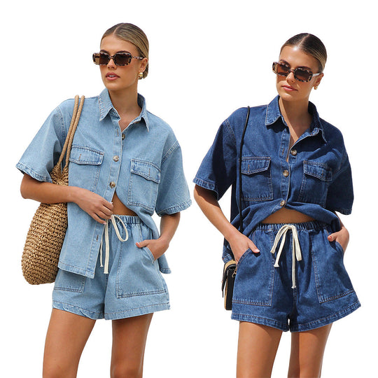 Damen lässige Kurzarm-Jeansbluse mit passender Shorts