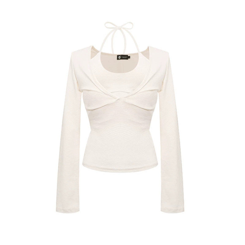 Damen Langarm-Top mit Neckholder, Wickeloptik und figurbetontem Schnitt Shop Nory