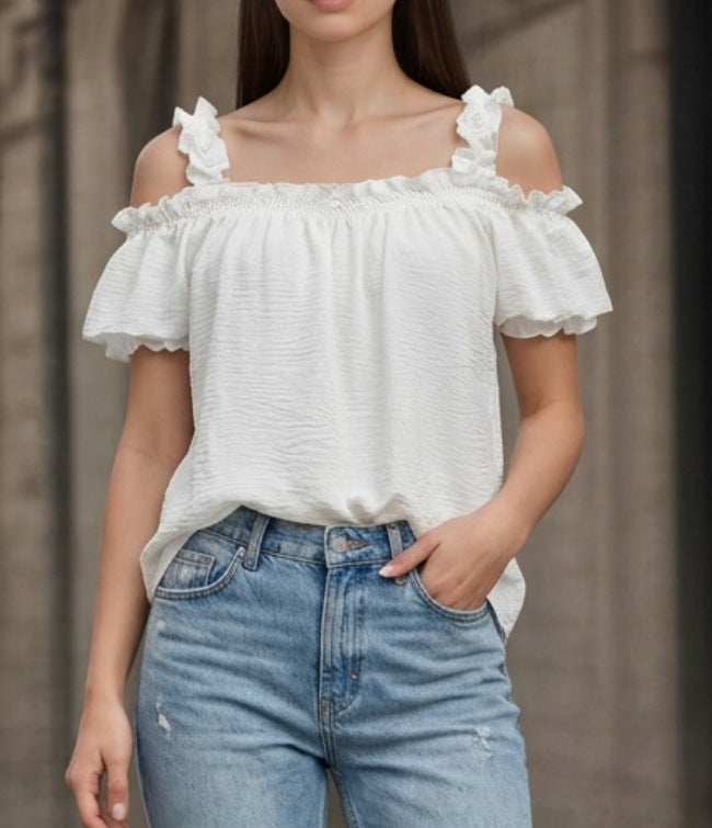 Damen Schulterfreies Crinkle-Top mit Smok-Bandeau, Rüschen‑Trägern und Flügelärmeln Shop Nory