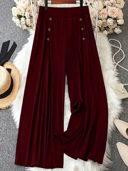 Frauen Weite Bein Hohe Taille Knopf-Akzent Palazzo Hose Shop Nory