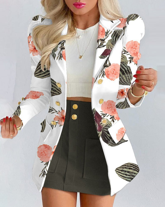 Damen Zweiteiliges karriertes Blazer- und Minirock-Set mit betonten Puffärmeln und goldenen Knöpfen Shop Nory