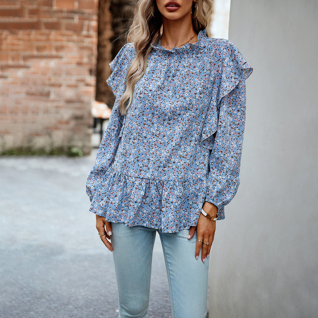 Damen nan geblümte Chiffon-Bluse mit gerafftem Stehkragen, Volant-Schultern und tailliertem Stufen-Saum Shop Nory