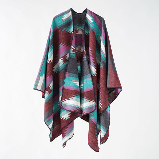 Damen Wolloptik-Ruana mit grafischem Ethno-Jacquard und dekorativer Kettelnaht Shop Nory