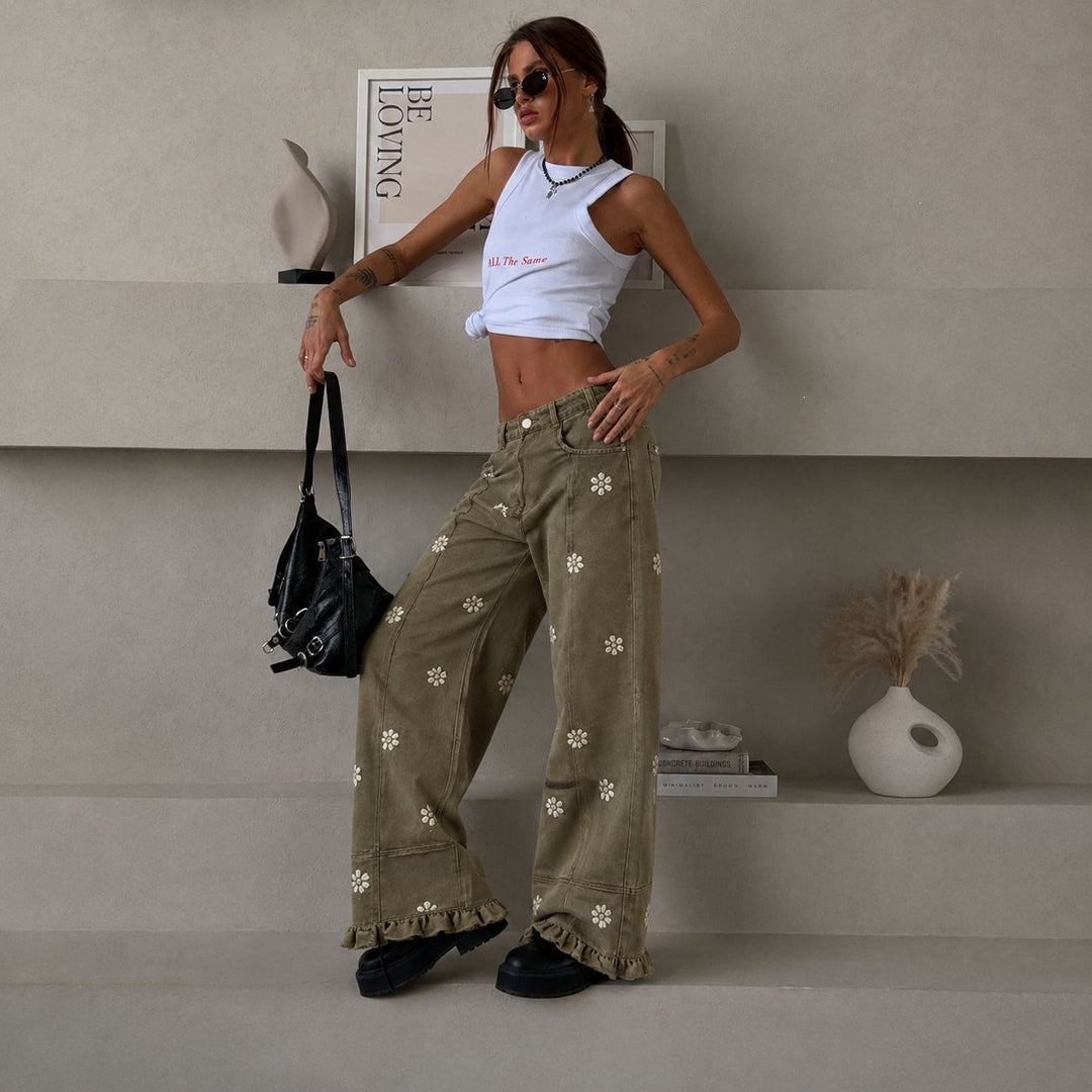 Damen weite Denimhose mit Gänseblümchen-Print, hohem Bund und Rüschenabschluss Shop Nory