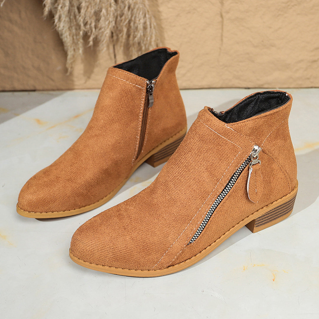 Damen Moderne Kurzschaft-Stiefelette mit sichtbarem Metallreißverschluss und niedriger Holzoptik-Blocksohle Shop Nory