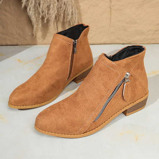 Damen Moderne Kurzschaft-Stiefelette mit sichtbarem Metallreißverschluss und niedriger Holzoptik-Blocksohle Shop Nory