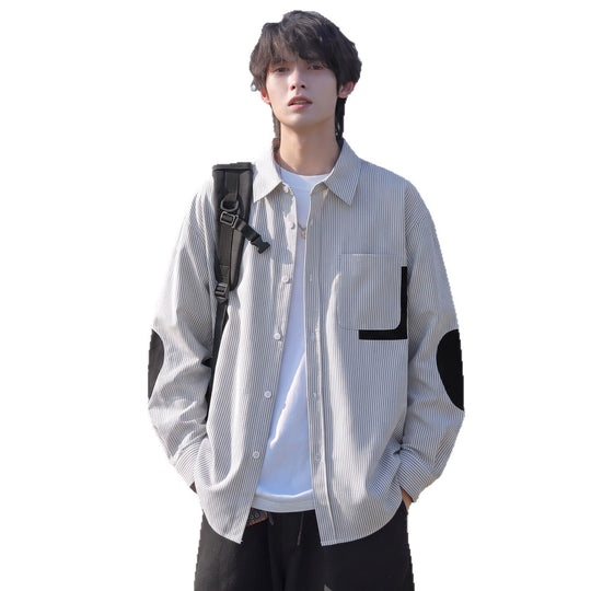 Herren Oversize-Hemd mit feinem Nadelstreifen, Kontrasttasche und Ellbogen-Patches Shop Nory