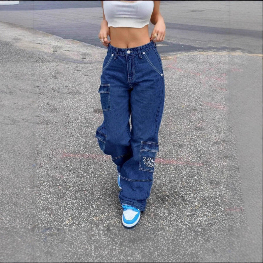 Damen Hochtaillierte weite Cargo-Denimhose mit elastischem Bund und Mehrfachtaschen Shop Nory