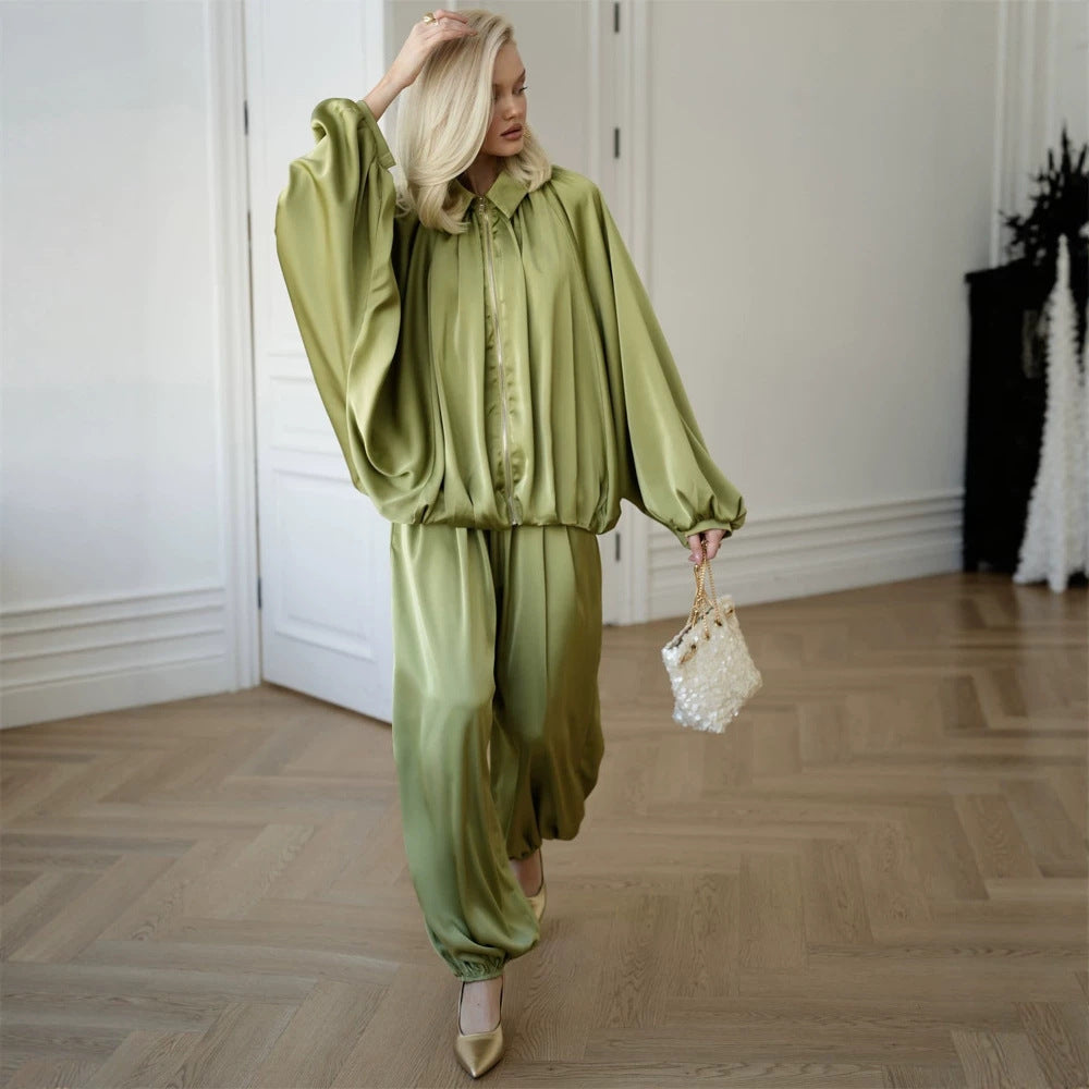 Damen Elegantes Satin-Zweiteiler-Set mit Oversize-Blouson und weiter Palazzo-Hose Shop Nory