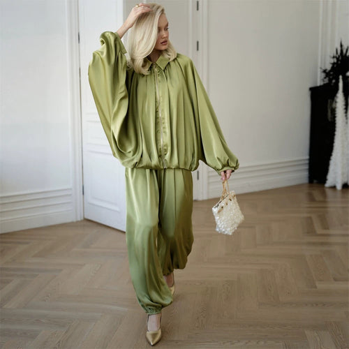 Damen Elegantes Satin-Zweiteiler-Set mit Oversize-Blouson und weiter Palazzo-Hose Shop Nory