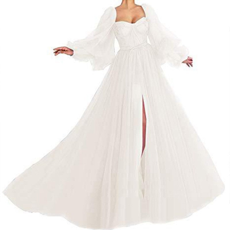 Damen Tüll Abendkleid mit voluminösen Ärmeln und seitlichem Schlitz