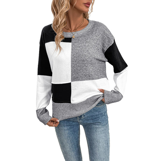 Damen Blockmuster-Strickpullover mit Rundhalsausschnitt und legerer Passform Shop Nory